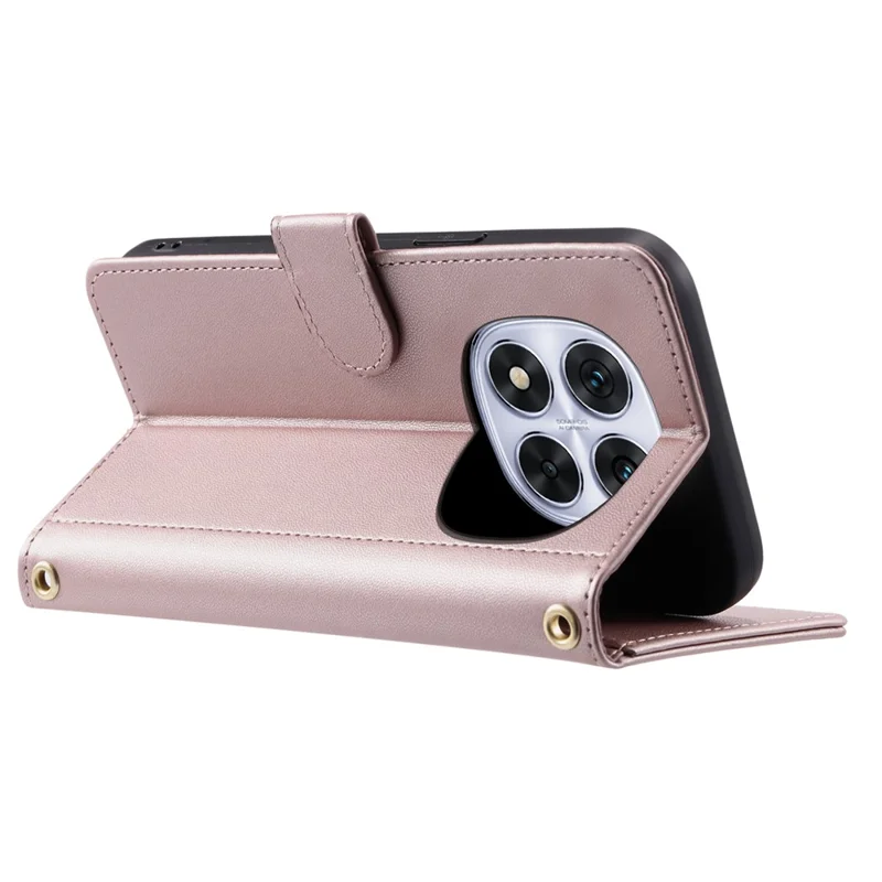 For Xiaomi Redmi Note 14 Pro 4G Case Wallet Rhombus Grid PU Leather Phone Cover with Shoulder Strap / Wrist Strap - Rose Gold