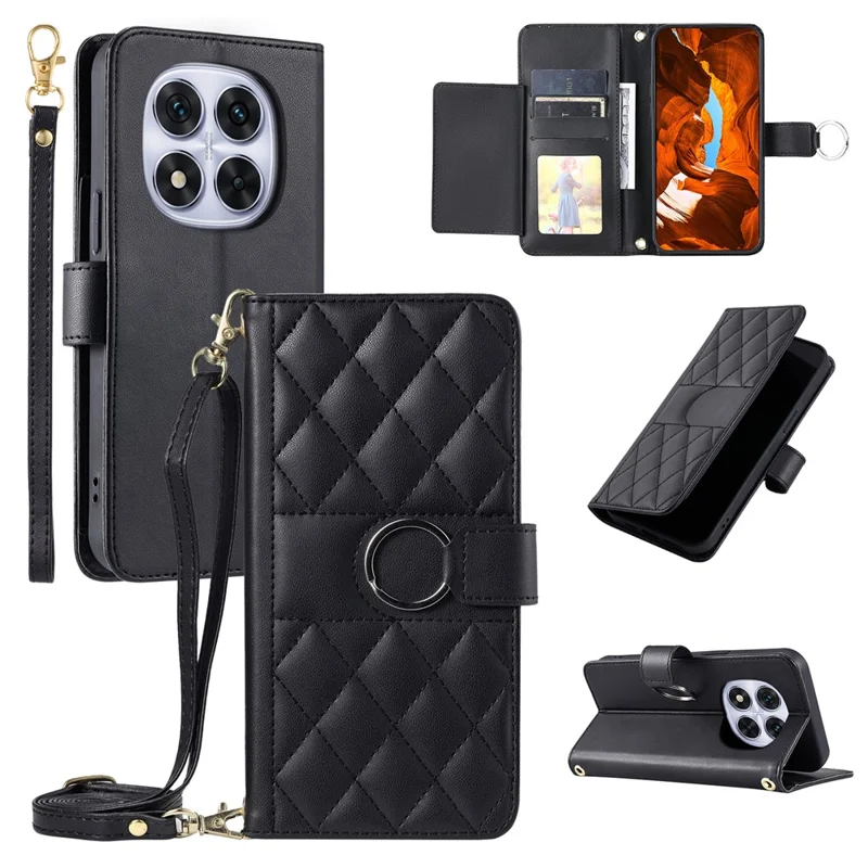 For Xiaomi Redmi Note 14 Pro 4G Case Ring Buckle Wallet Stand Rhombus Crossbody Leather Mobile Cover - Black