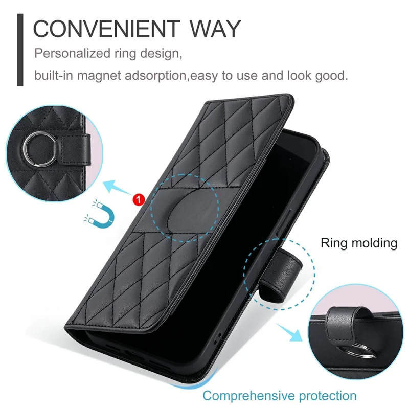 For Xiaomi Redmi Note 14 Pro 4G Case Ring Buckle Wallet Stand Rhombus Crossbody Leather Mobile Cover - Black