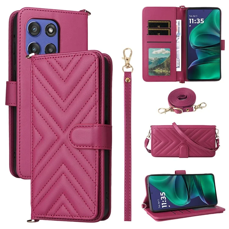 For Motorola Edge 60 Stylus 5G / Moto G Stylus 5G (2025) Case with Shoulder / Wrist Strap Leather Phone Cover Stand Wallet  - Rose