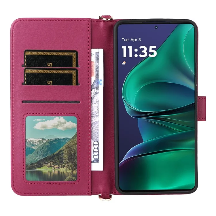 For Motorola Edge 60 Stylus 5G / Moto G Stylus 5G (2025) Case with Shoulder / Wrist Strap Leather Phone Cover Stand Wallet  - Rose