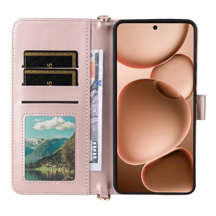 Чехол для Oppo Find X8 Ultra 5G с ремешком на плечо / запястье, кожаный чехол-подставка с отделением для карт - Розовый