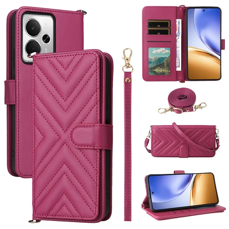 For Realme 14T 5G / 14 5G Case with Shoulder / Wrist Strap Leather Phone Cover Stand Wallet - Rose