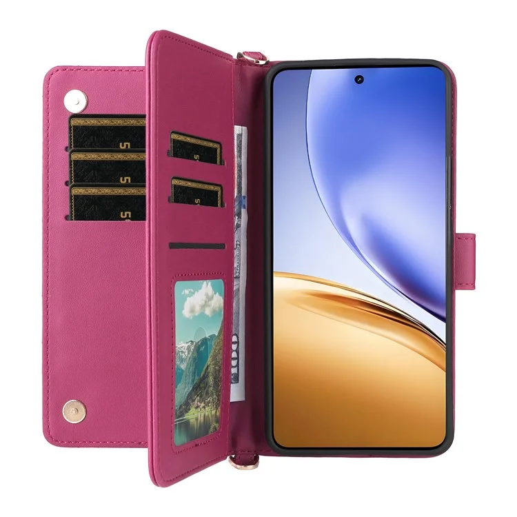For Realme 14T 5G / 14 5G Case with Shoulder / Wrist Strap Leather Phone Cover Stand Wallet - Rose