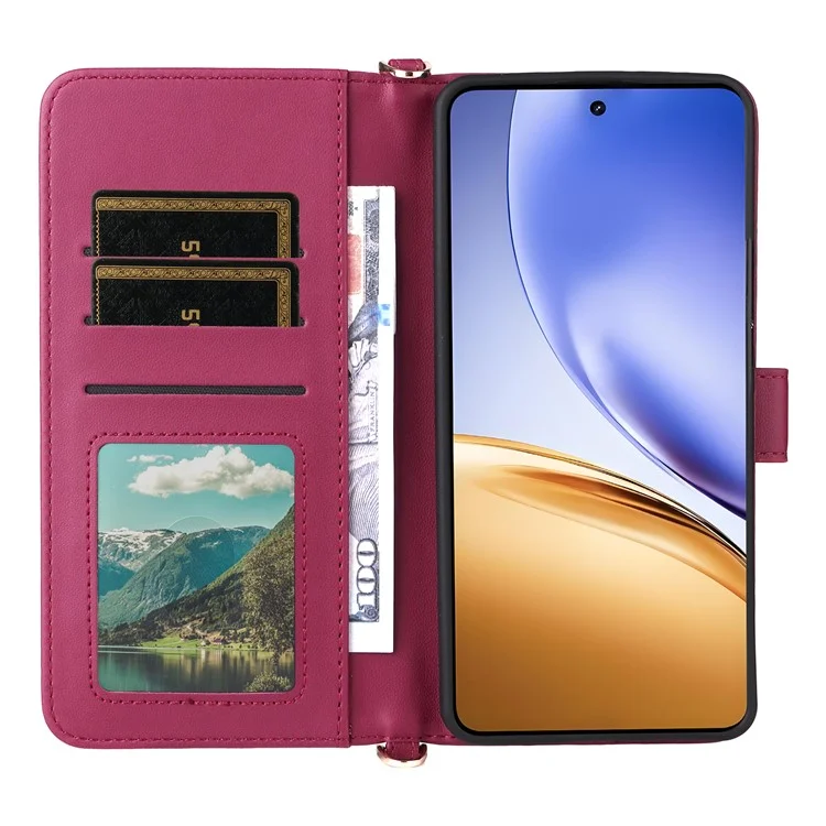 For Realme 14T 5G / 14 5G Case with Shoulder / Wrist Strap Leather Phone Cover Stand Wallet - Rose