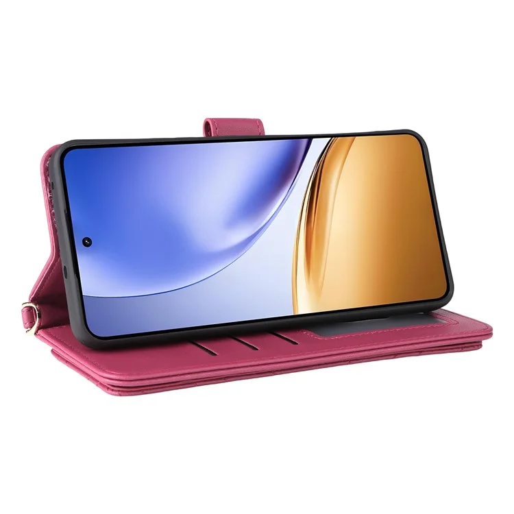 For Realme 14T 5G / 14 5G Case with Shoulder / Wrist Strap Leather Phone Cover Stand Wallet - Rose