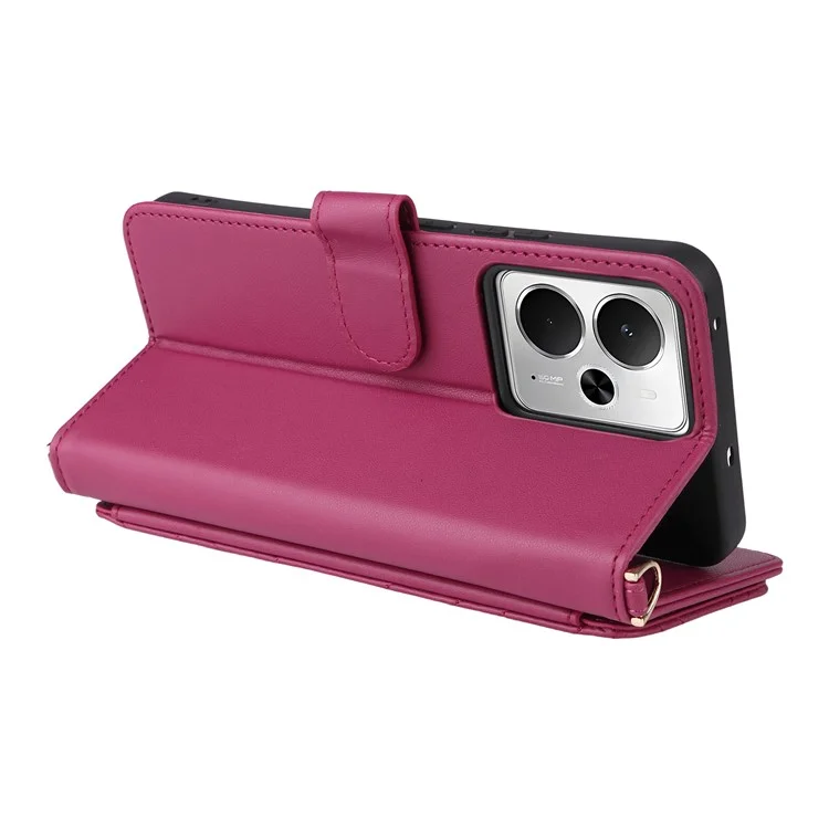 For Realme 14T 5G / 14 5G Case with Shoulder / Wrist Strap Leather Phone Cover Stand Wallet - Rose