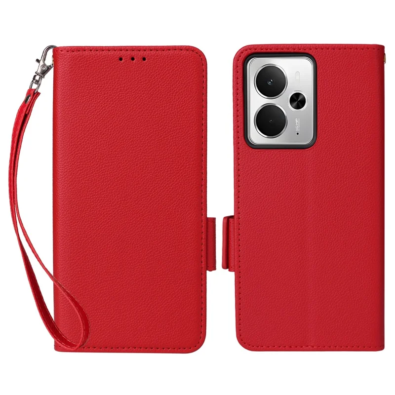 For Realme 14T 5G / 14 5G Case with Wrist Strap Litchi Texture PU Leather Wallet Phone Cover - Red