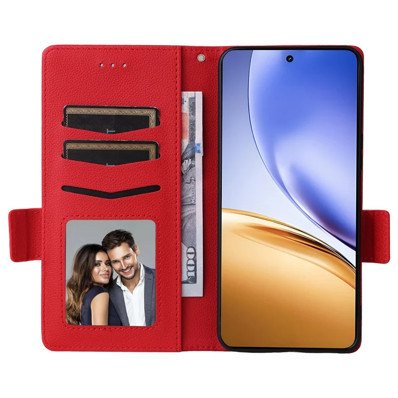 For Realme 14T 5G / 14 5G Case with Wrist Strap Litchi Texture PU Leather Wallet Phone Cover - Red