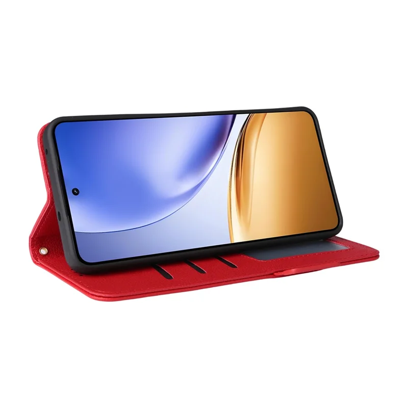 For Realme 14T 5G / 14 5G Case with Wrist Strap Litchi Texture PU Leather Wallet Phone Cover - Red