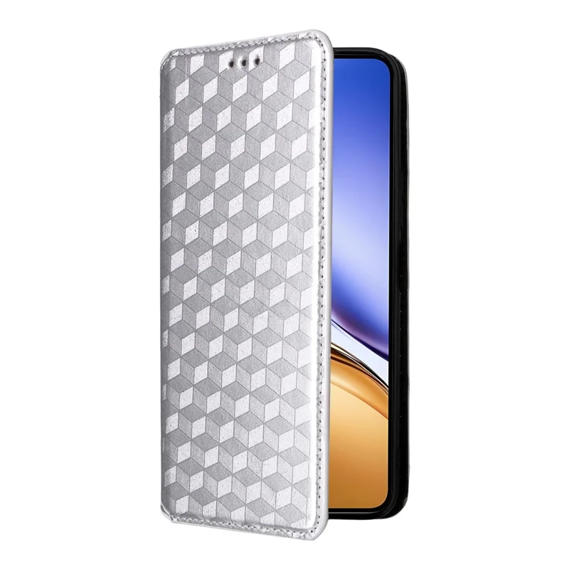 For Realme 14T 5G / 14 5G Case Wallet Rhombus Imprinted Leather Phone Cover - Silver