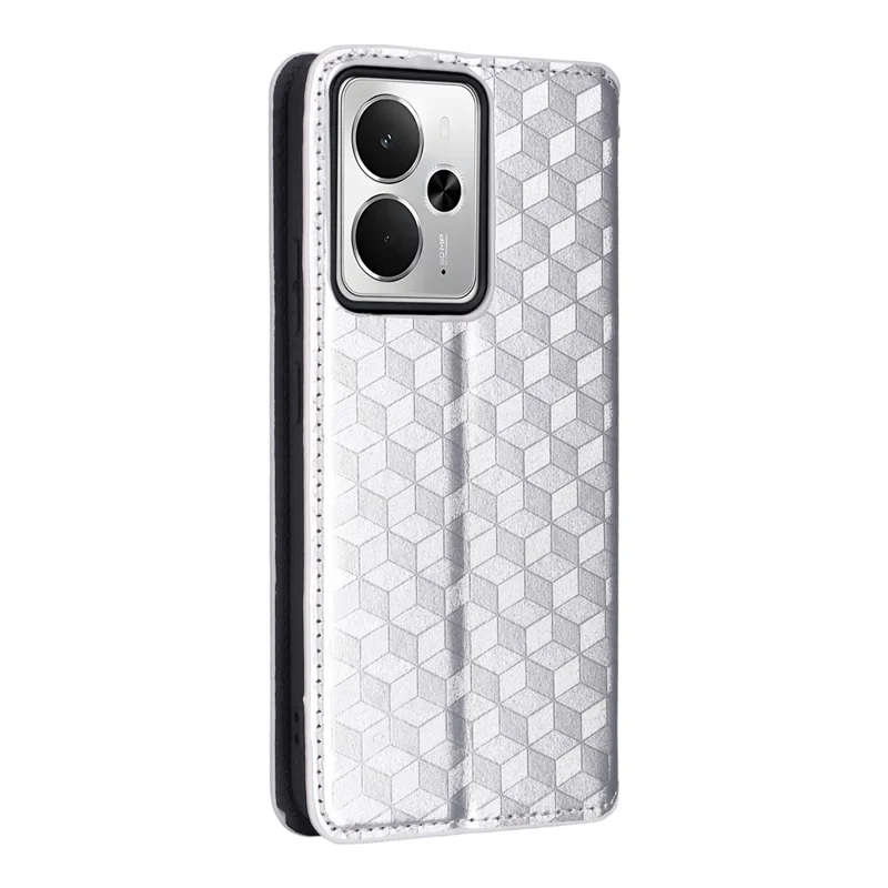 For Realme 14T 5G / 14 5G Case Wallet Rhombus Imprinted Leather Phone Cover - Silver