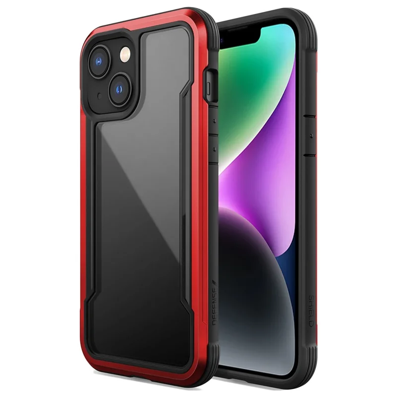 DEFENSE For iPhone 14 Anti-bacteria PC+TPU+Aluminum Alloy Hybrid Case Shockproof Transparent Phone Cover - Red