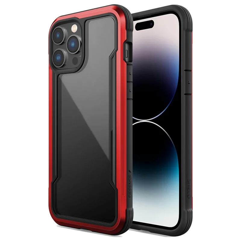 DEFENSE For iPhone 14 Pro Max Anti-bacteria PC+TPU+Aluminum Alloy Phone Case Crystal Clear Drop-proof Back Cover - Red