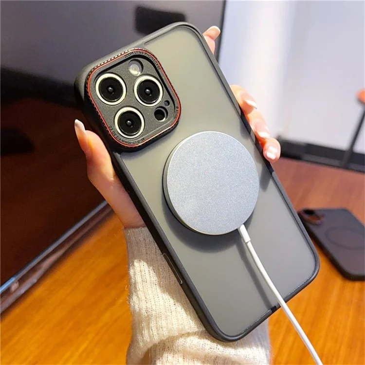 Funda para iPhone 15 Pro Max Compatible con MagSafe con Anillo de Lente Rojo Antigolpes TPU + PC Carcasa de Teléfono Translúcida
