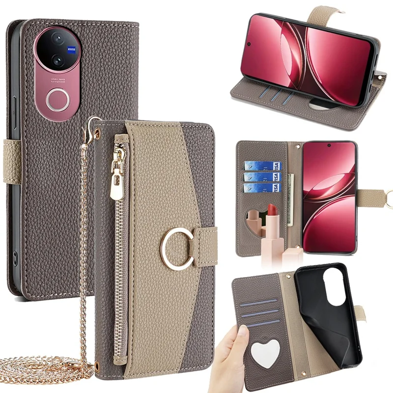 For vivo V50 5G Case Mirror Wallet Leather Phone Cover with Chain Shoulder Strap - Grey