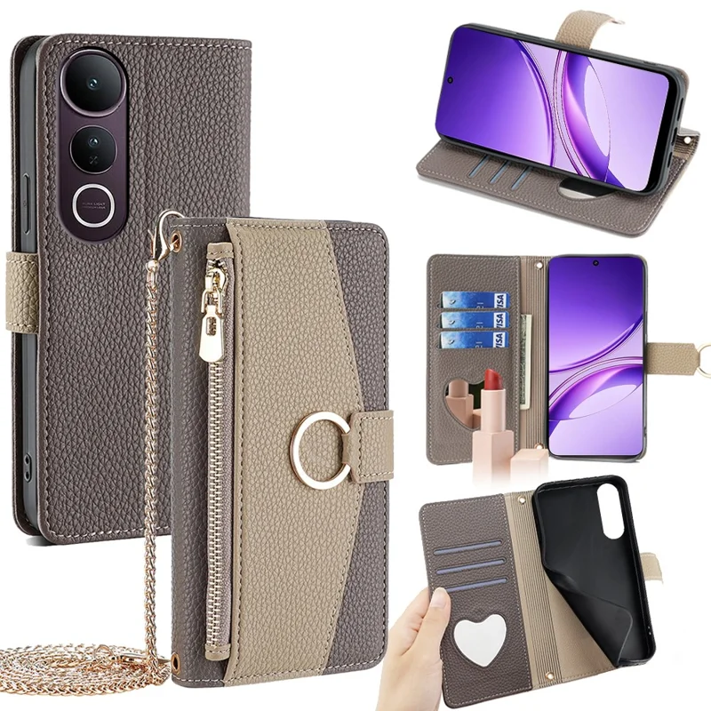 For vivo V50 Lite 5G Case Mirror Wallet Leather Phone Cover with Chain Shoulder Strap - Grey