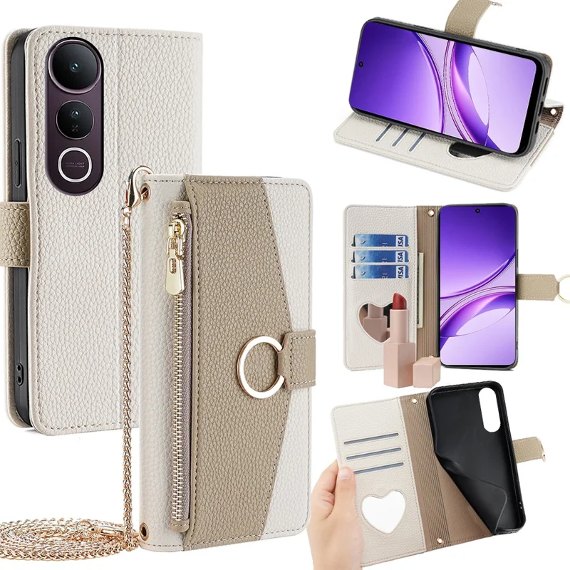 For vivo V50 Lite 5G Case Mirror Wallet Leather Phone Cover with Chain Shoulder Strap - White