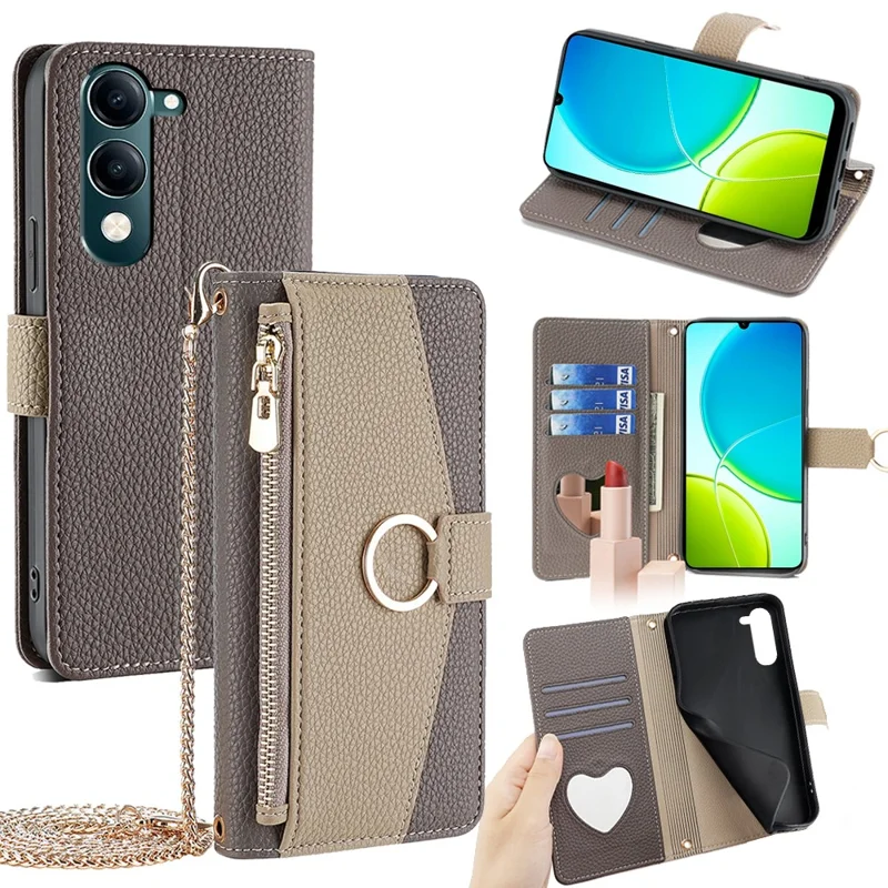 For vivo Y29s 5G / Y04 4G Case Mirror Wallet Leather Phone Cover with Chain Shoulder Strap - Grey