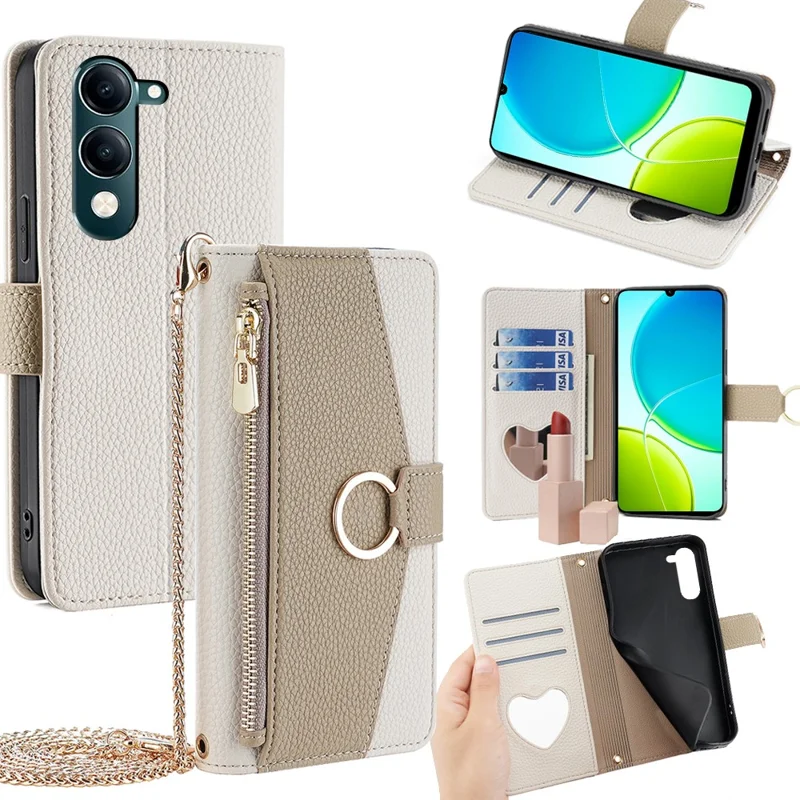 For vivo Y29s 5G / Y04 4G Case Mirror Wallet Leather Phone Cover with Chain Shoulder Strap - White