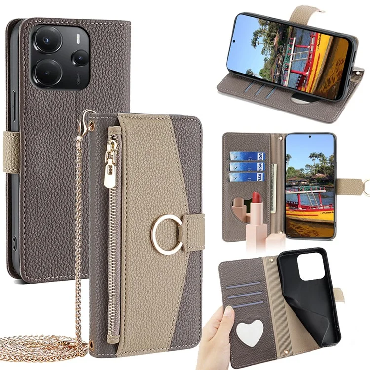 Funda tipo cartera con espejo para Xiaomi Redmi Note 14 4G (164,84 mm) con cadena y correa para el hombro - Gris