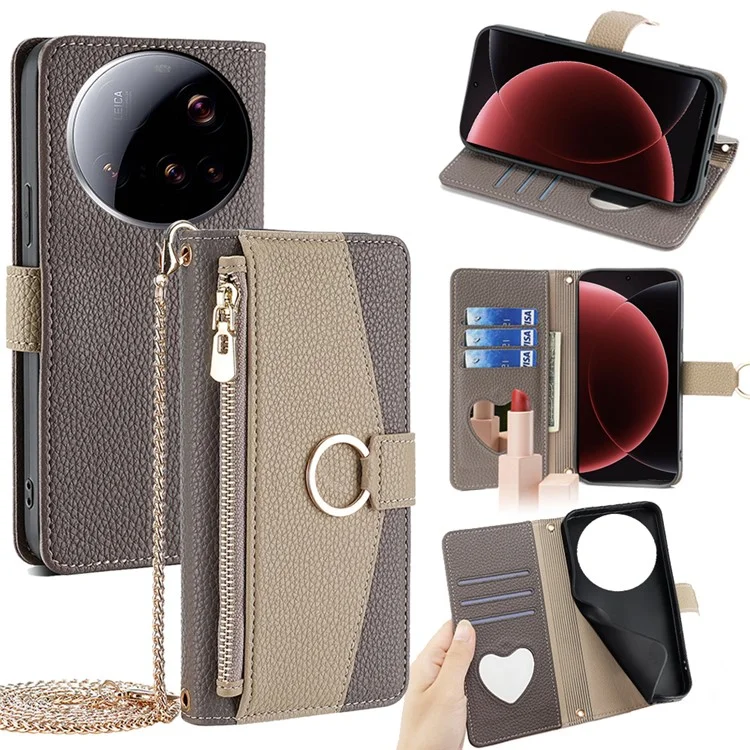 For Xiaomi 15 Ultra Case Mirror Wallet Leather Phone Cover with Chain Shoulder Strap - Grey