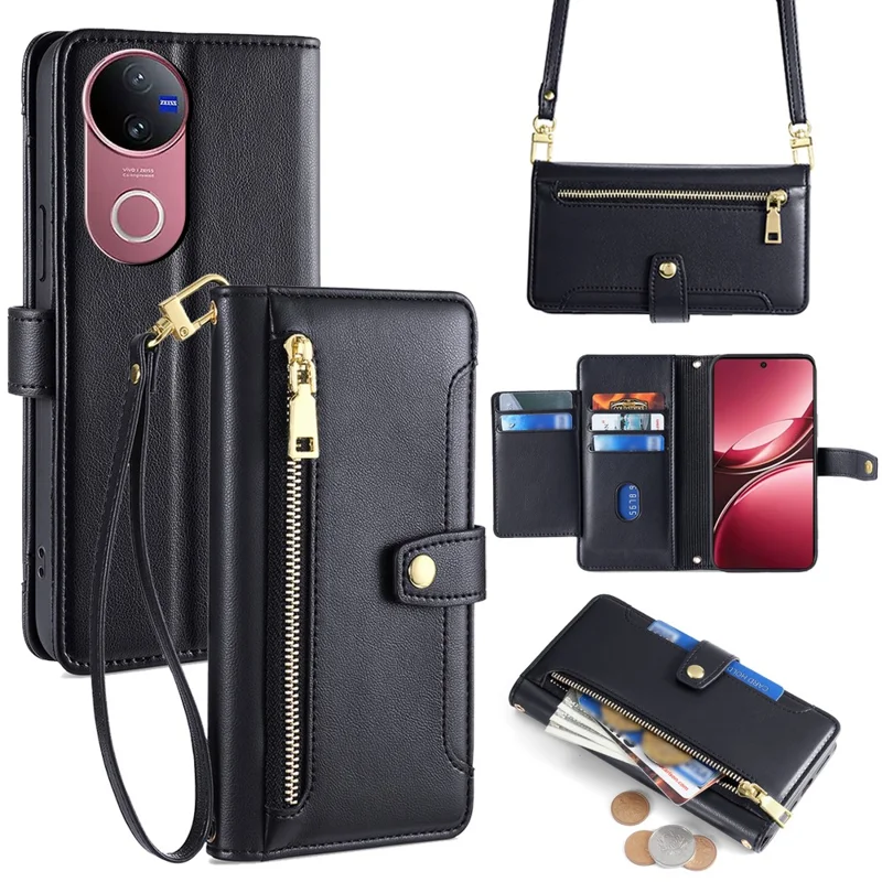 For vivo V50 5G Leather Case Zipper Pocket Wallet Phone Cover with 2 Straps - Black