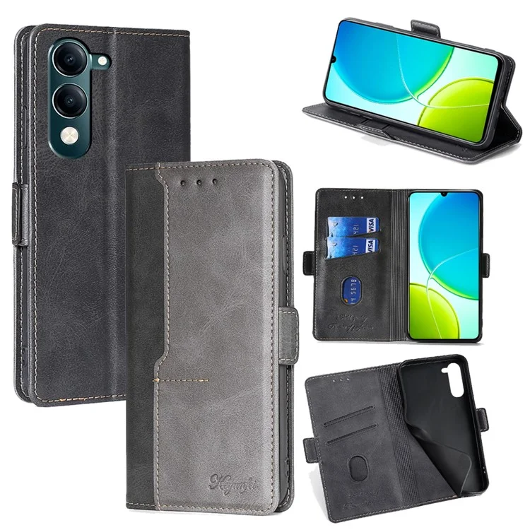 Capa para vivo Y29s 5G Carteira com Cores em Contraste em Couro para Celular - Preto + Cinza