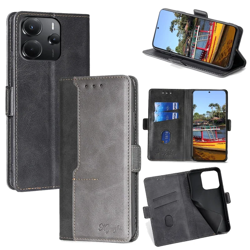 For Xiaomi Redmi Note 14 4G (164.84mm) Case Contrast Color Wallet Leather Phone Cover - Black + Grey