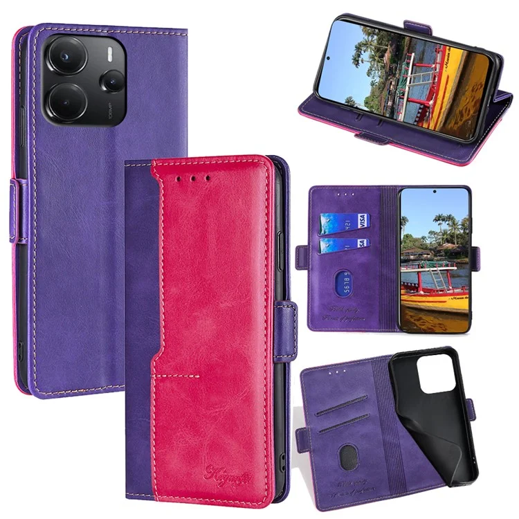 For Xiaomi Redmi Note 14 4G (164.84mm) Case Contrast Color Wallet Leather Phone Cover - Rose + Purple