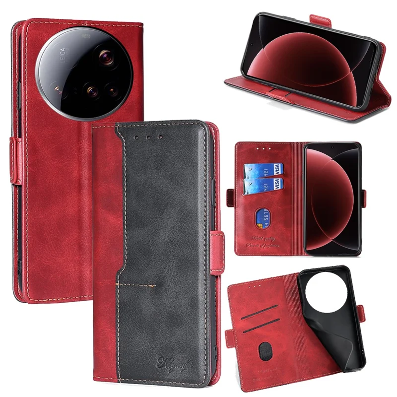 For Xiaomi 15 Ultra Case Contrast Color Wallet Leather Phone Cover - Black + Red