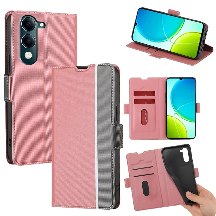 Capa para vivo Y29s 5G / Y04 4G com Porta-cartões, Textura Trançada em Couro - Rosa