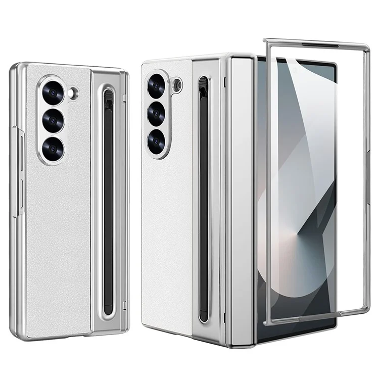 For Samsung Galaxy Z Fold5 5G Case with Screen Film / Stylus Hinge Protection Electroplated PU + PC Phone Cover - White