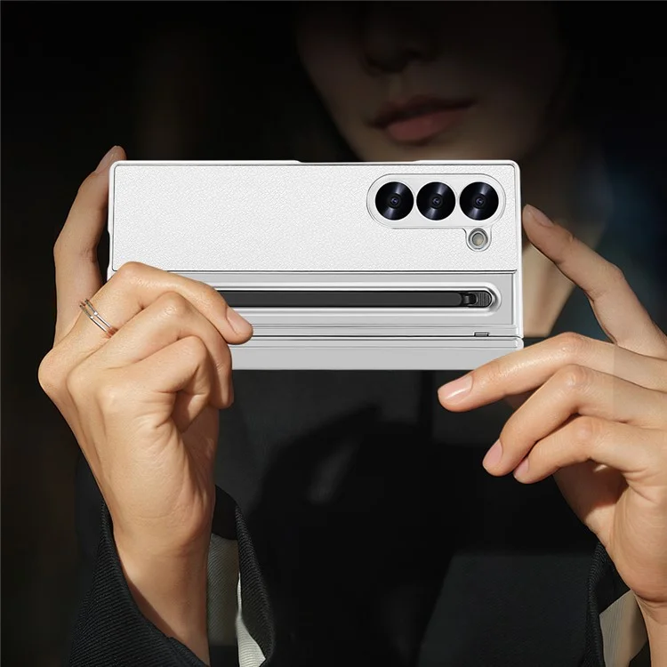 For Samsung Galaxy Z Fold5 5G Case with Screen Film / Stylus Hinge Protection Electroplated PU + PC Phone Cover - White