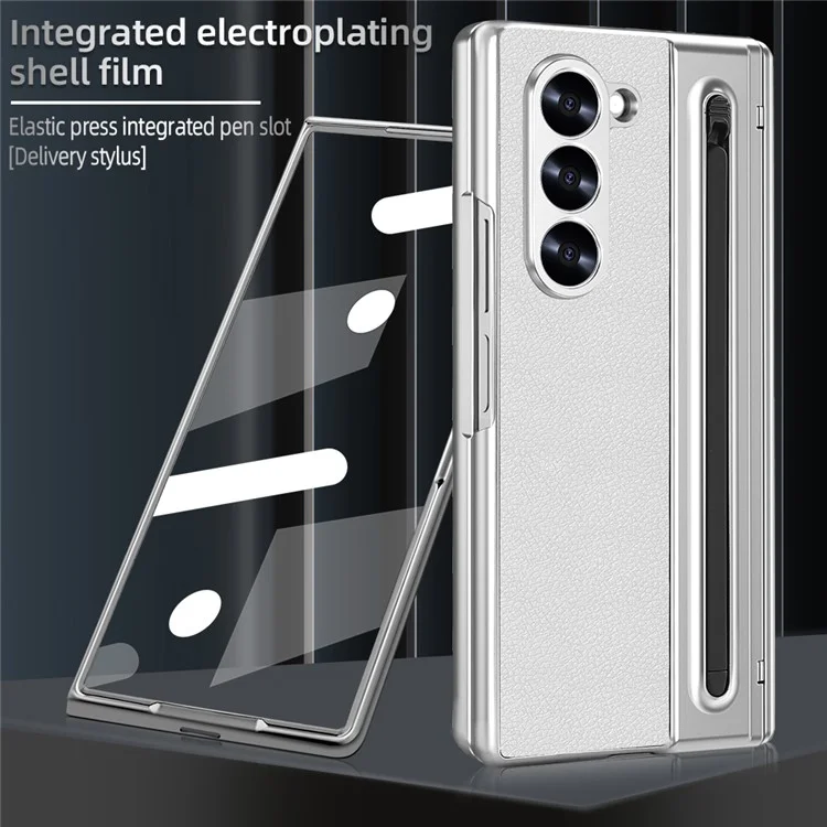 For Samsung Galaxy Z Fold5 5G Case with Screen Film / Stylus Hinge Protection Electroplated PU + PC Phone Cover - White