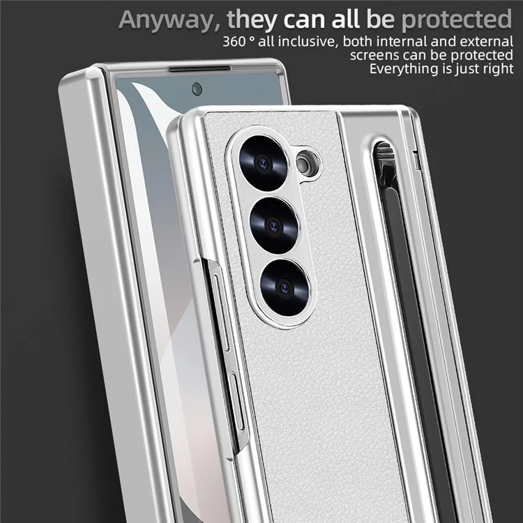 For Samsung Galaxy Z Fold5 5G Case with Screen Film / Stylus Hinge Protection Electroplated PU + PC Phone Cover - White