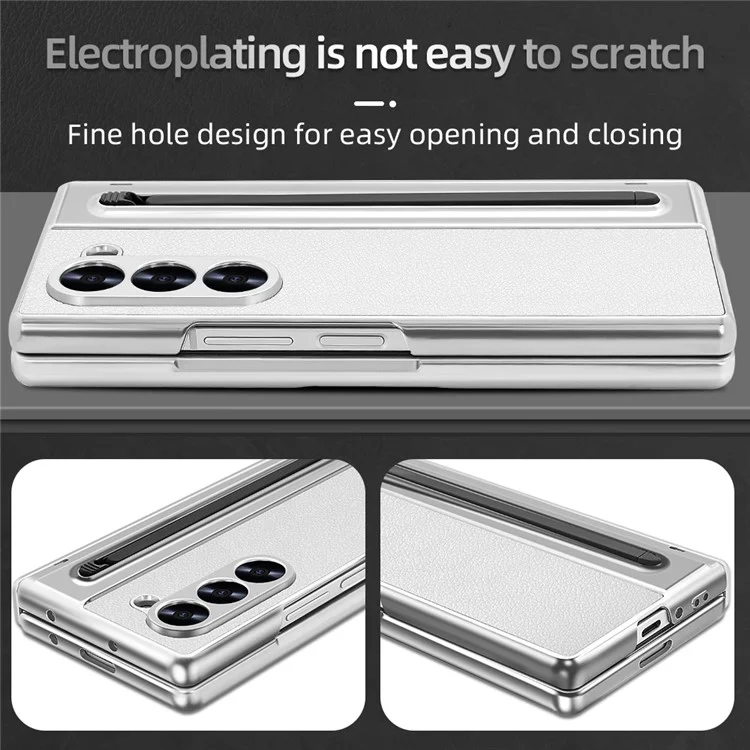 For Samsung Galaxy Z Fold5 5G Case with Screen Film / Stylus Hinge Protection Electroplated PU + PC Phone Cover - White