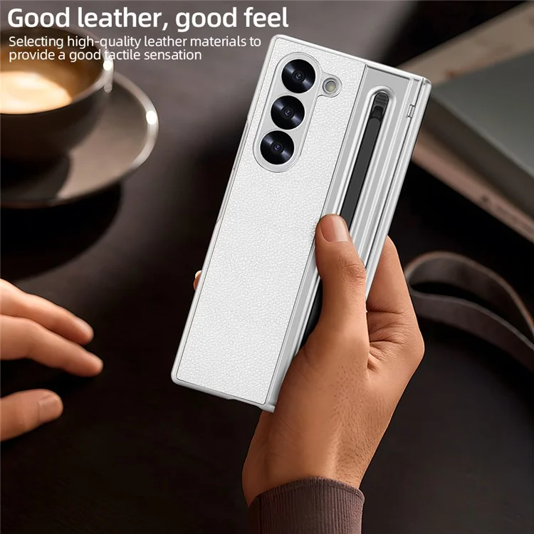 For Samsung Galaxy Z Fold5 5G Case with Screen Film / Stylus Hinge Protection Electroplated PU + PC Phone Cover - White