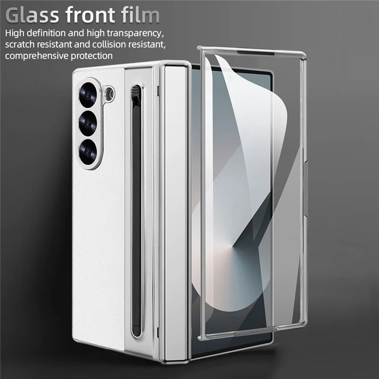 For Samsung Galaxy Z Fold5 5G Case with Screen Film / Stylus Hinge Protection Electroplated PU + PC Phone Cover - White