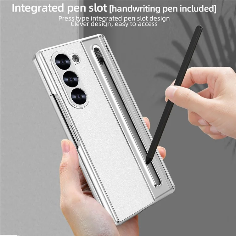 For Samsung Galaxy Z Fold5 5G Case with Screen Film / Stylus Hinge Protection Electroplated PU + PC Phone Cover - White