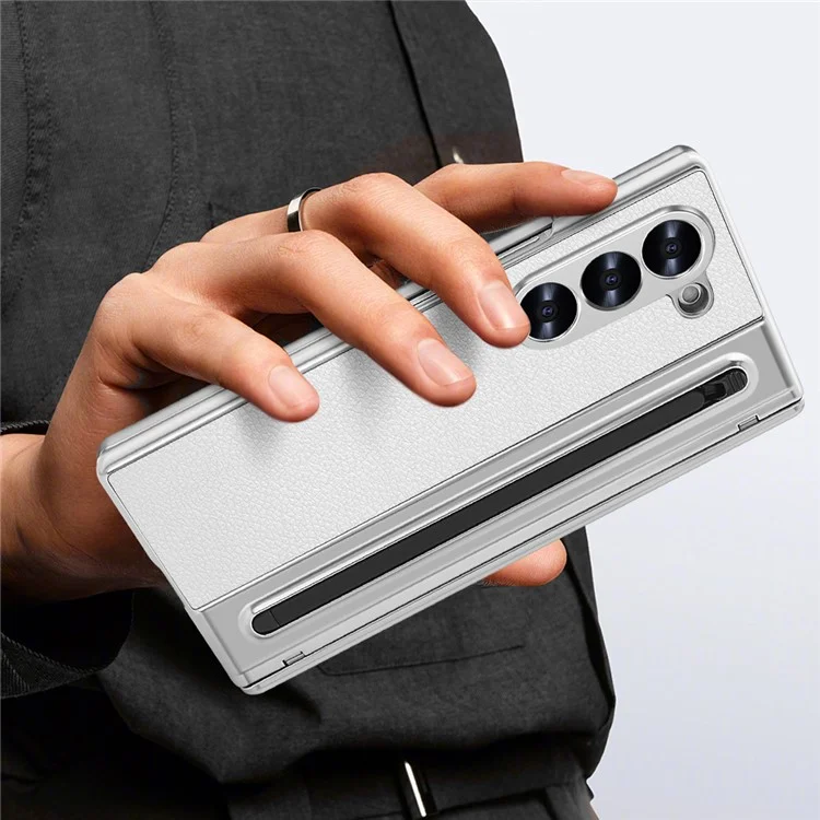 For Samsung Galaxy Z Fold5 5G Case with Screen Film / Stylus Hinge Protection Electroplated PU + PC Phone Cover - White