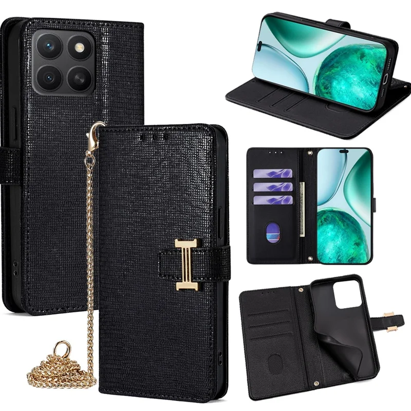 For Honor X8c 4G Case Wallet Sequins Leather Crossbody Phone Cover - Black