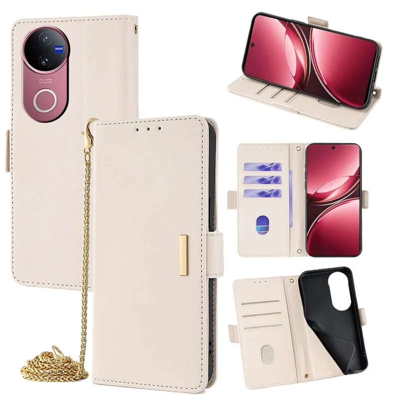 For vivo V50 5G Case PU Leather Wallet Stand Phone Cover with Crossbody Shoulder Strap - White