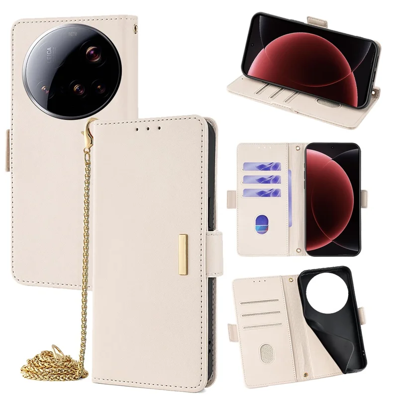 For Xiaomi 15 Ultra Case PU Leather Wallet Stand Phone Cover with Crossbody Shoulder Strap - White