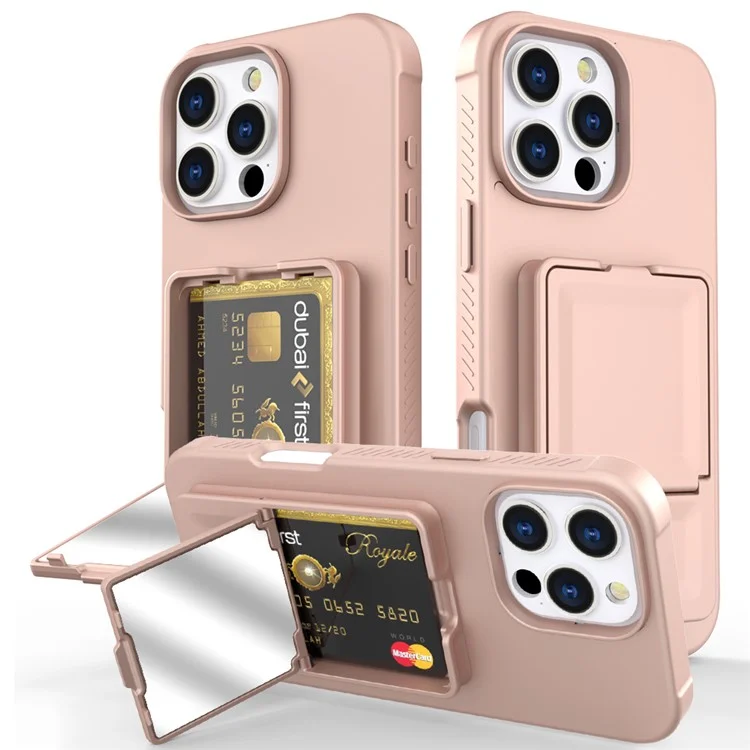 Custodia per iPhone 16 Pro Max Skin-Touch Porta Carte TPU + PC Cover Telefono con Specchio e Supporto - Oro Rosa