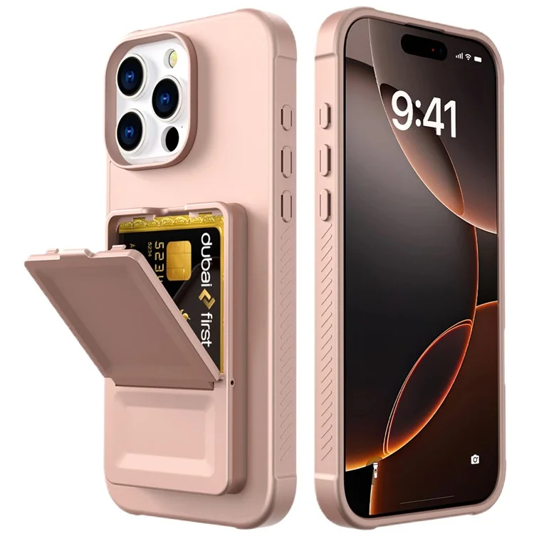 Custodia per iPhone 16 Pro Max Skin-Touch Porta Carte TPU + PC Cover Telefono con Specchio e Supporto - Oro Rosa