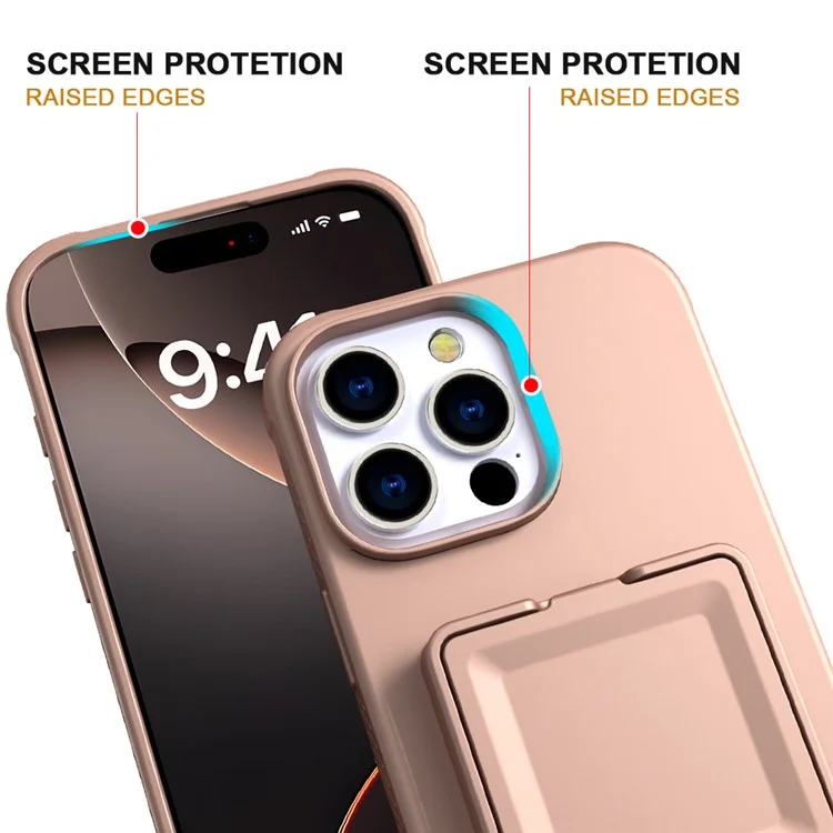 Custodia per iPhone 16 Pro Max Skin-Touch Porta Carte TPU + PC Cover Telefono con Specchio e Supporto - Oro Rosa