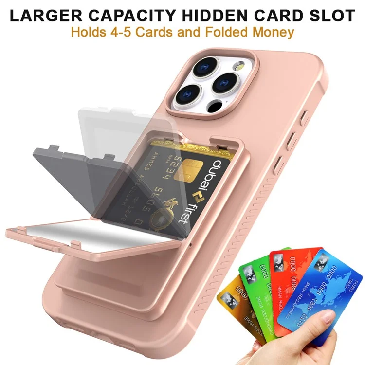 Custodia per iPhone 16 Pro Max Skin-Touch Porta Carte TPU + PC Cover Telefono con Specchio e Supporto - Oro Rosa