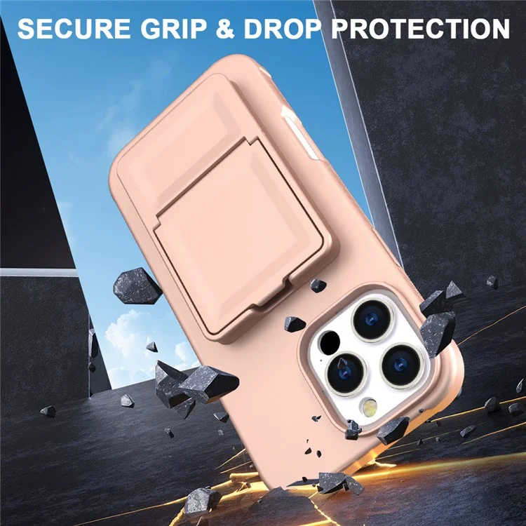 Custodia per iPhone 16 Pro Max Skin-Touch Porta Carte TPU + PC Cover Telefono con Specchio e Supporto - Oro Rosa