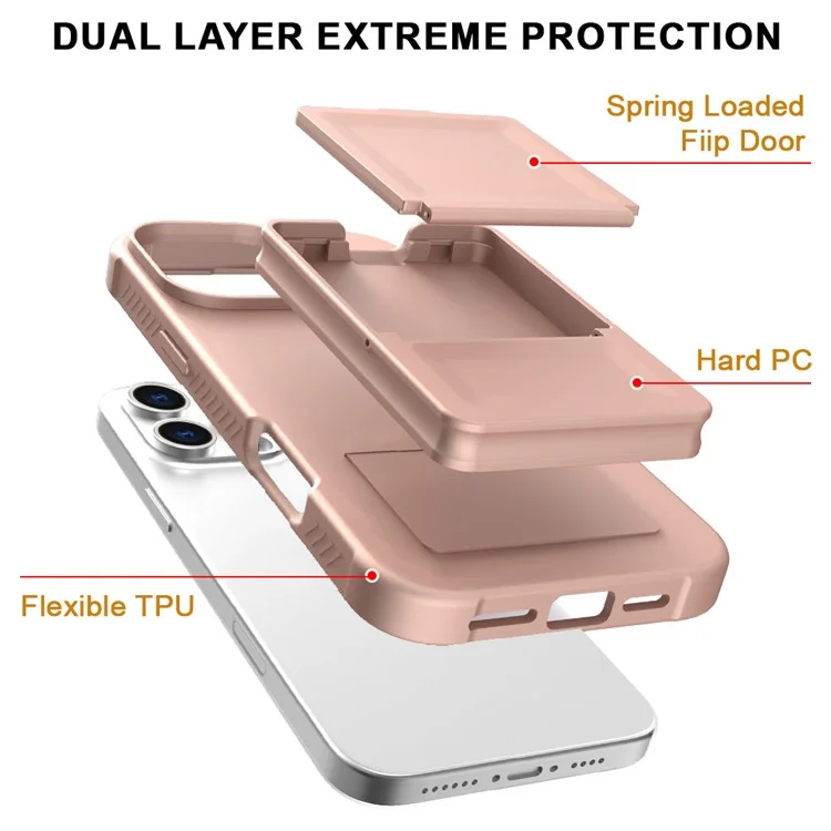 Custodia per iPhone 16 Pro Max Skin-Touch Porta Carte TPU + PC Cover Telefono con Specchio e Supporto - Oro Rosa
